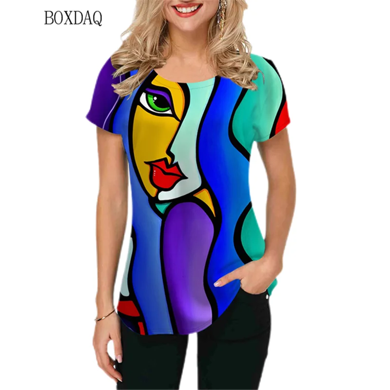 Women T-Shirts Short Sleeve Abstract Painting Face Graphic Street Ladies T Shirt Summer Casual Female Tops 3XL Plus Size Tee