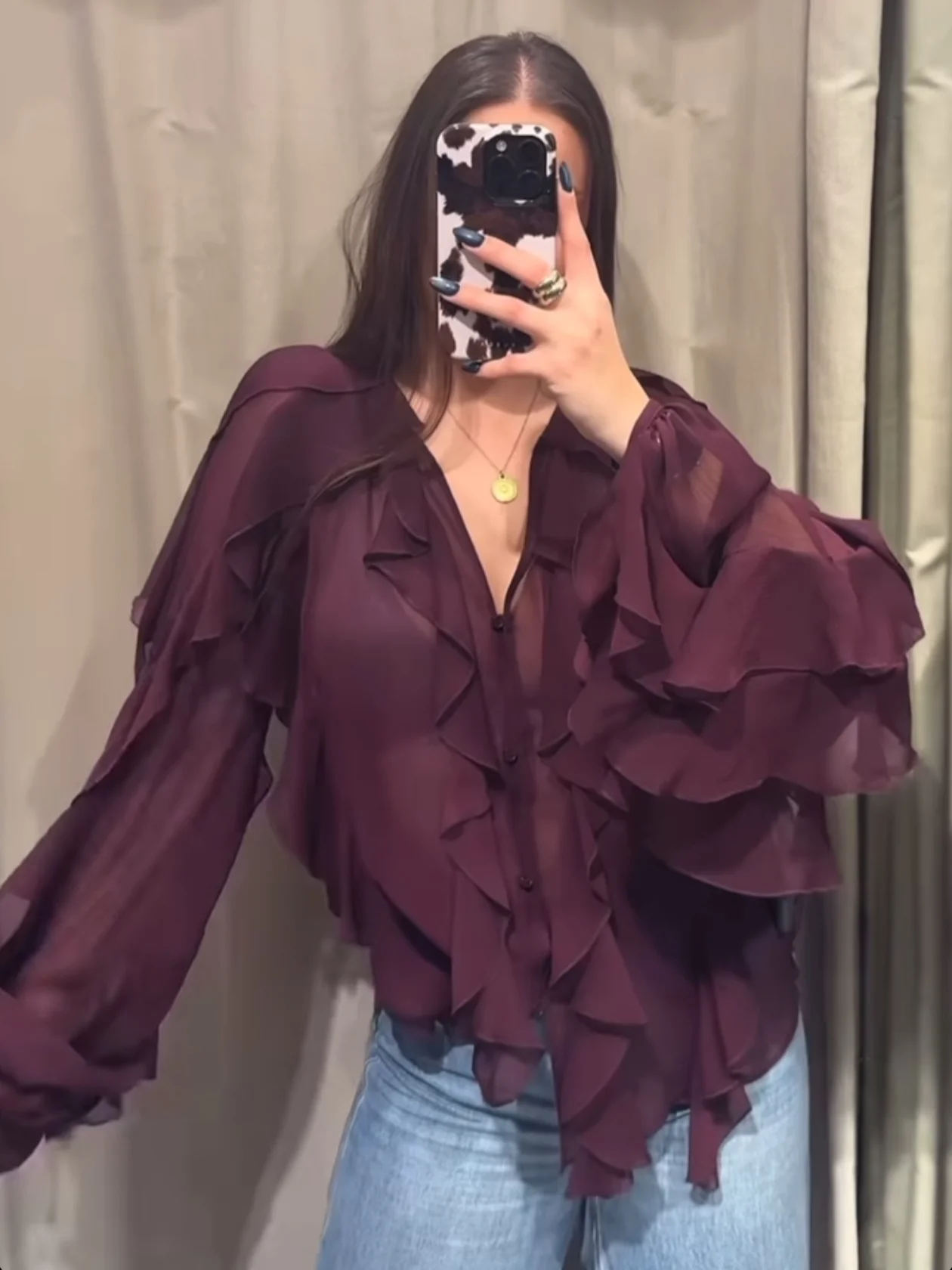 Women's Elegant Ruffled Trumpet Sleeve Oversized Shirt Chic V Neck Solid Color Cropped Shirt Vacation Women Commuter Streetwear