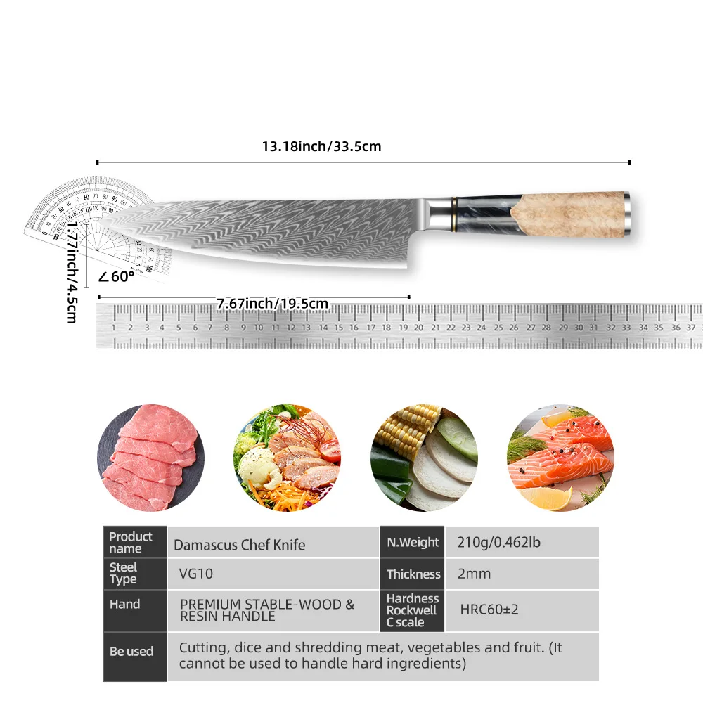 Chef Knife 73-Layers Damascus VG10 Steel Blade Sharp Slicing Cleaver Professional Japanese Kitchen Knives Resin & Wood Handle