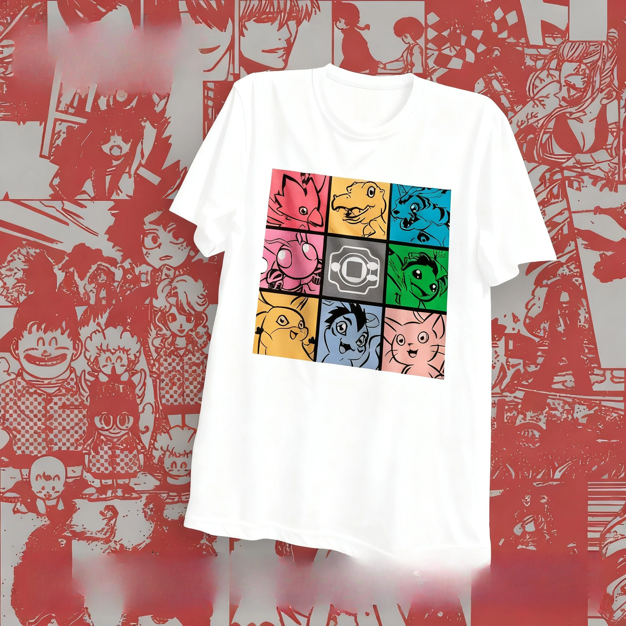 Camiseta de algodón unisex oversize con gráfico de anime de Digimon Nine Digimon Partners Color Grid White, estilo Y2K Streetwear, Colección Verano 2026