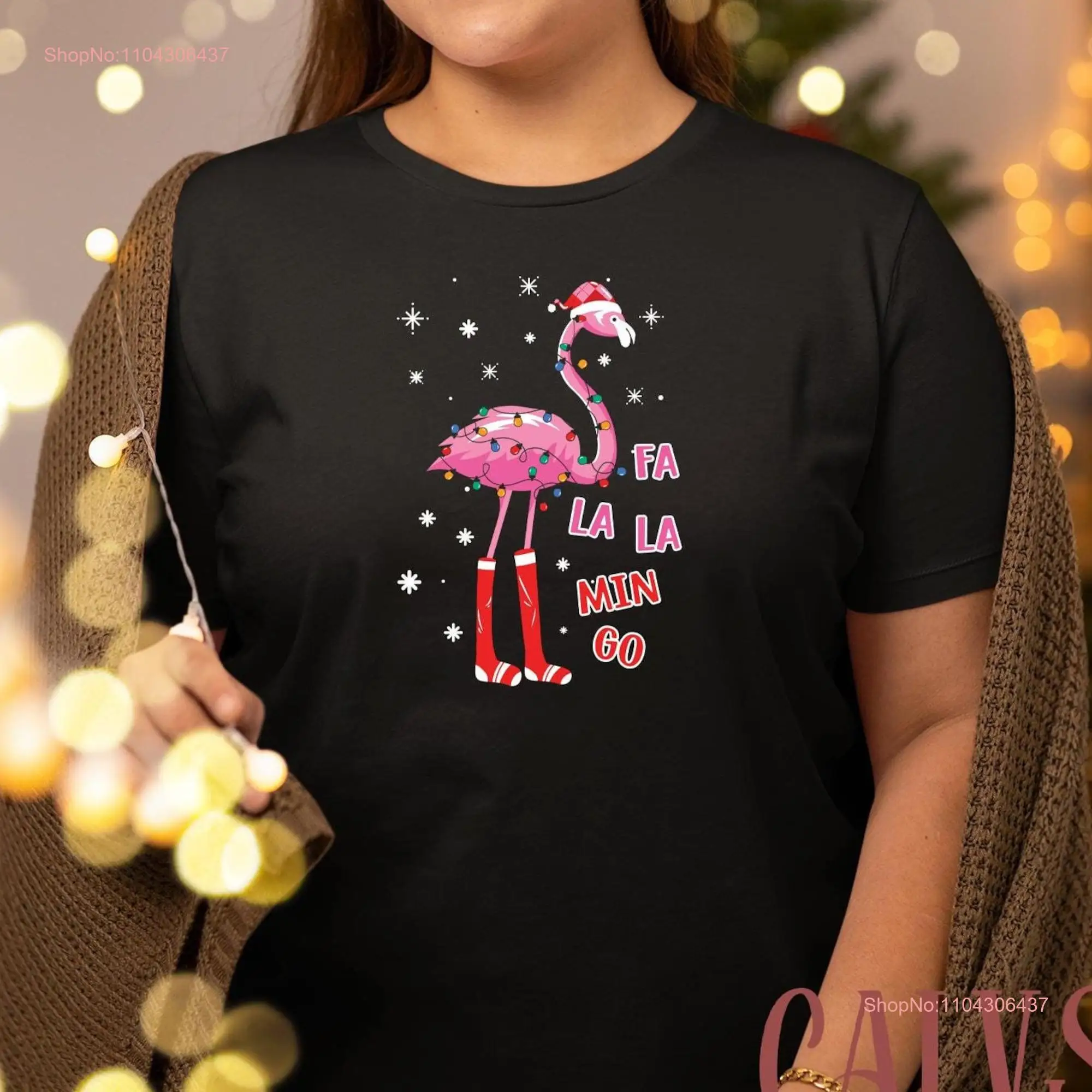 Fa La Mingo Christmas T Shirt Quirky Pink Flamingo SweaT in Lights Santa Hat Xmas for Parties long or short sleeves