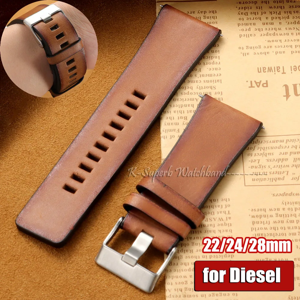 for Diesel 22mm 24mm 28mm Cowhide Watch Band Soft Leather Straps Replacement Brown Men Wrist Bracelet Full-grain Cowhide Strap