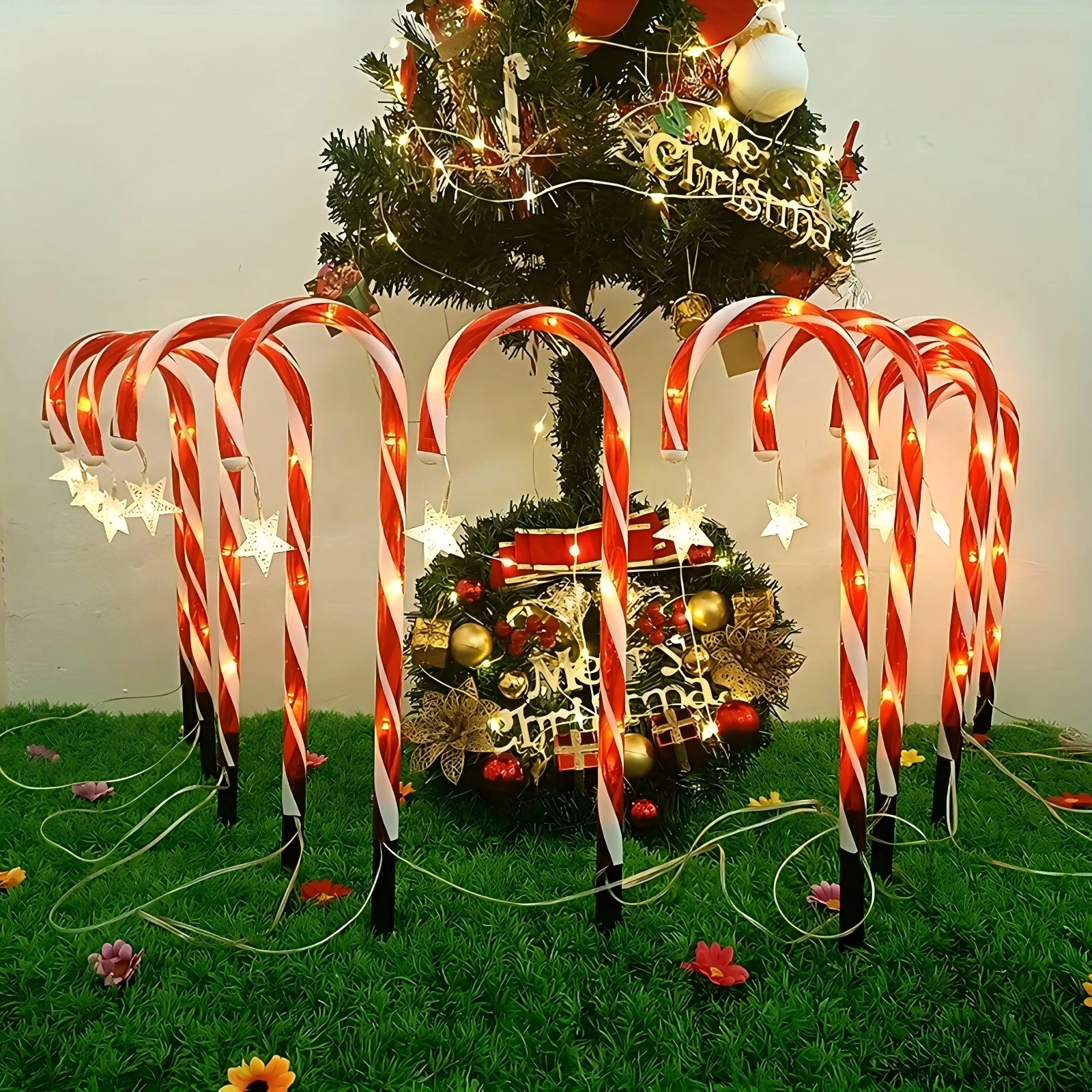 Santa's Warm Glow Star-Tipped Candy Cane Solar LED Stake Lights Waterproof Outdoor Christmas Pathway Yard Garden Decoration