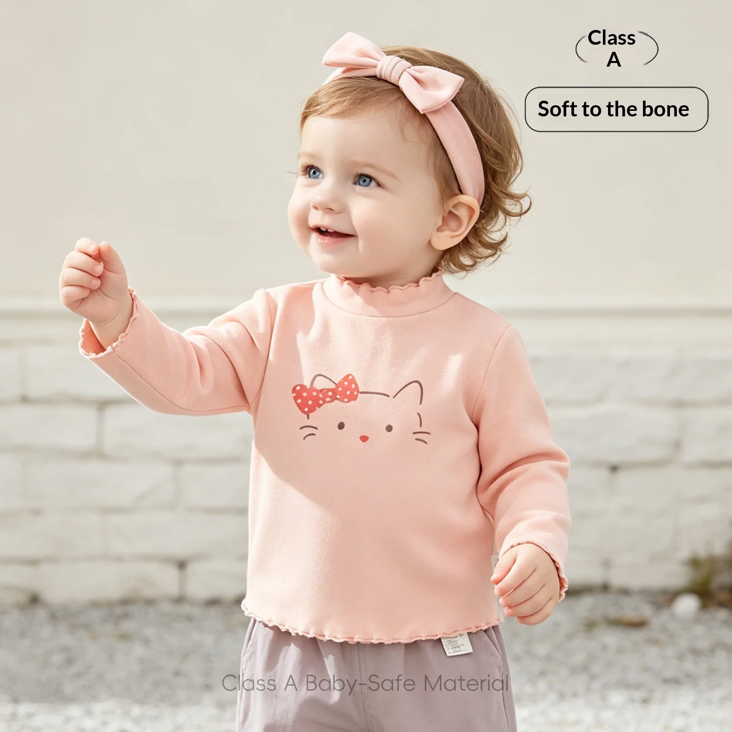 Baby Girls' Cat Lace Collar Tee, Grade A Cotton Long-Sleeve Top, Soft Frilled Neckline, Versatile Spring/Autumn Undershirt