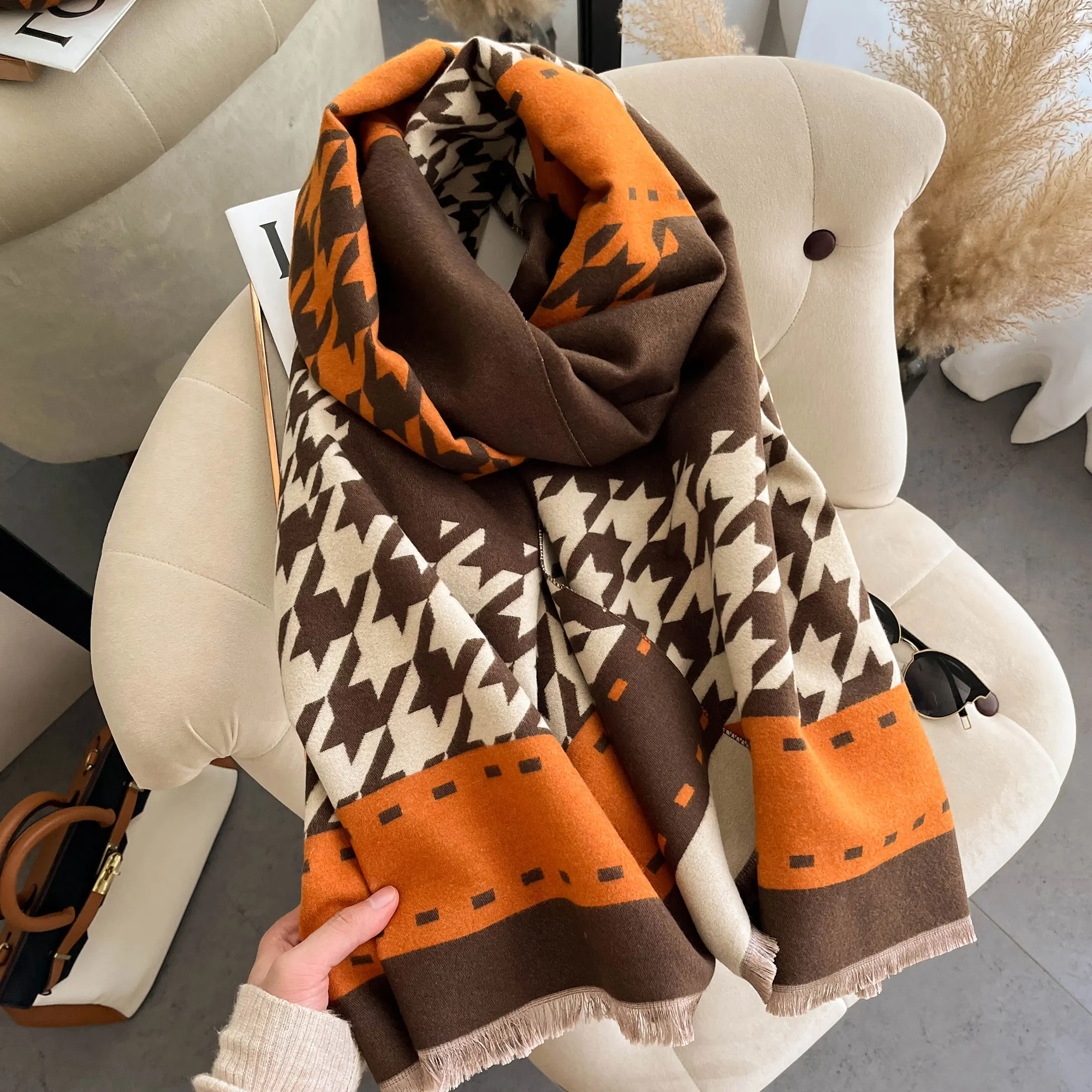 Winter Autumn Thick Warm Faux Cashmere Scarf  New Color Block Houndstooth Large Shawl Fashion Neckwear Wrap Scarf  Accessory
