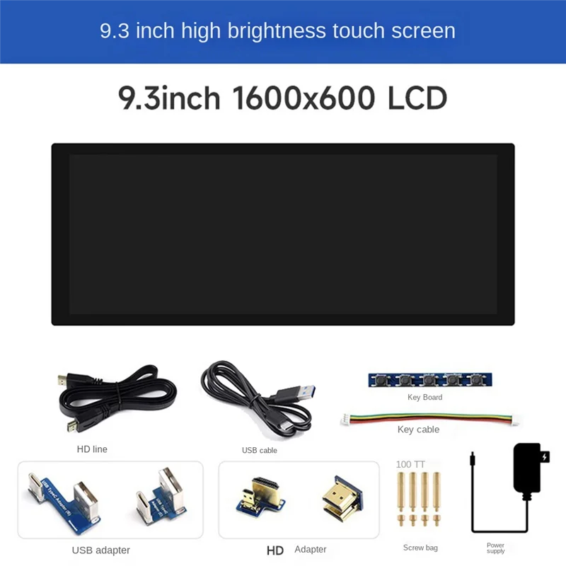 9.3 Inch Long Strip Touch Screen Display for Raspberry Pi 1600X600 HDMI-Compatible LCD Game Display Monitor-EU Plug
