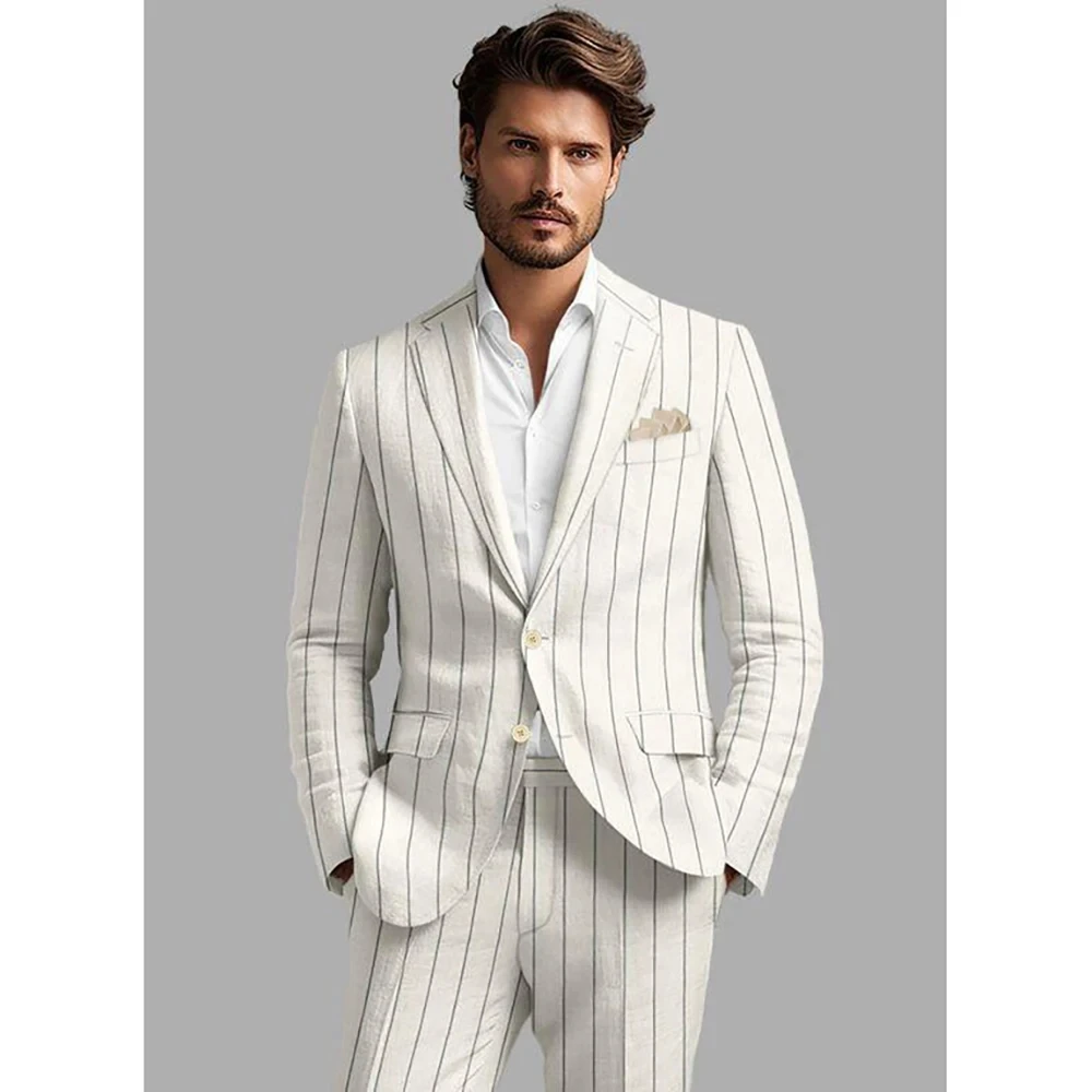 

Elegant Men Suits 2 Pcs White Stripe Jacket Solid Pants Double Breasted Peaked Lapel Wedding Groom Party Male Sets Formal Suit