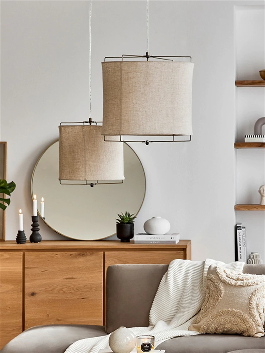 Wabi-sabi cloth shade lanterns pendant lights dining rooms bar counters bedrooms Japanese retro linen pendant lamps lighting