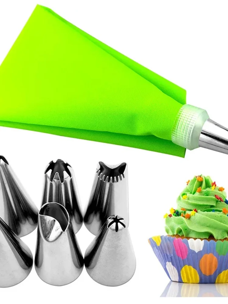 Poche à douille en silicone pour glaçage crème, sac spectaculaire + 6 buses à gâteau en acier inoxydable, embouts de décoration DIY, outils har ant, 8 pièces/sachet