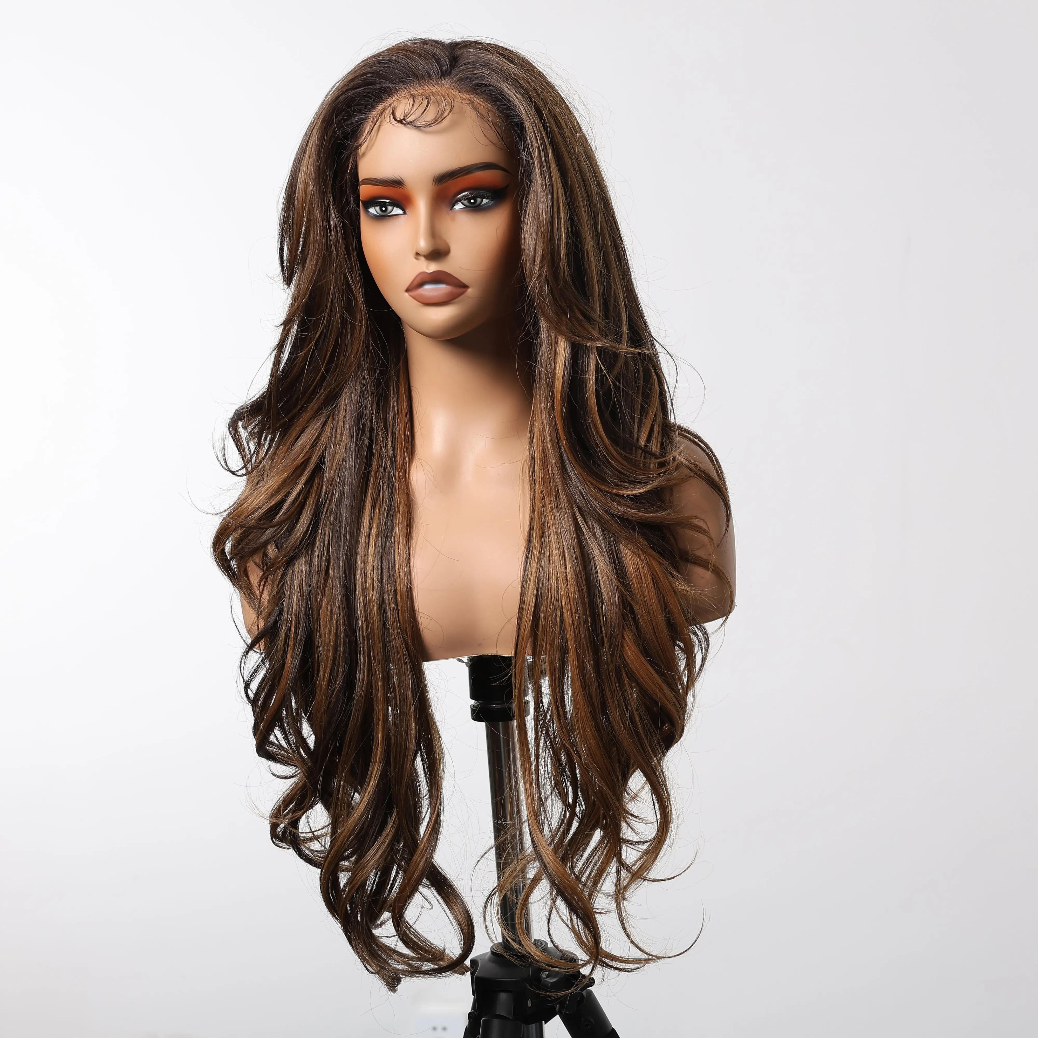 ALAN EATON 13*6 Synthetic Lace Wigs Dark Brown Highlight Wig for Women Natural Looking Lace Front Wig with Baby Hair Daily Party