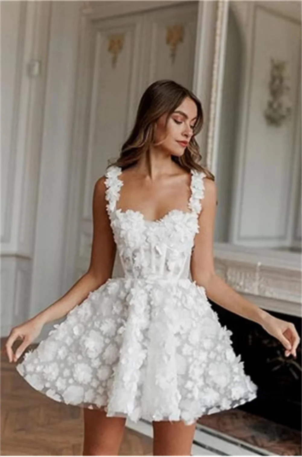 

Mini Short 3D Flower Lace Embroidery Wedding Dresses Spaghetti Strap Tulle Prom Dress Gowns Sweetheart A-Line Homecoming Dresses