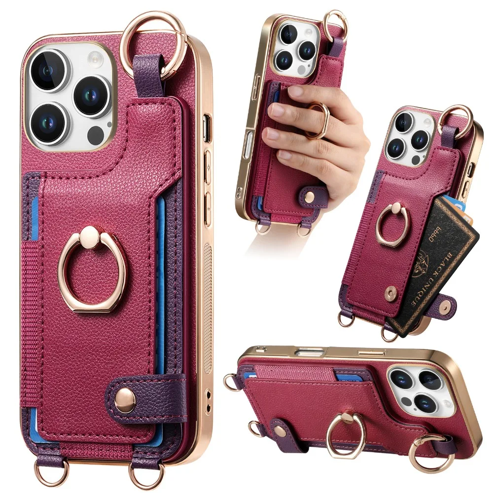 Leather Crossbody Lanyard Ring Wallet with Card Holder Phone Case for iPhone 16 15 14 13 12 11 Pro Max Plus Protective Cover