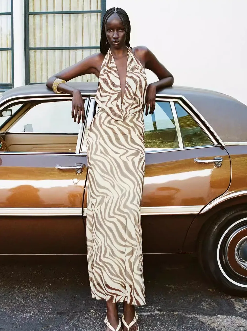 2024년 여름 신상 TRF 여성용 플로럴 프린트 실크 메쉬 홀터넥 드레스 A라인 롱 슬리브리스 중국 제조업체