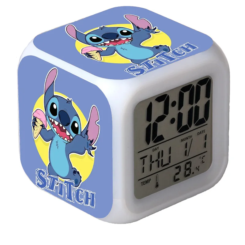 Réveil Disney CAN O & Stitch avec lumières LED, accessoires de dessin animé, décorations de fête, jouets Rick, cadeau pour enfant