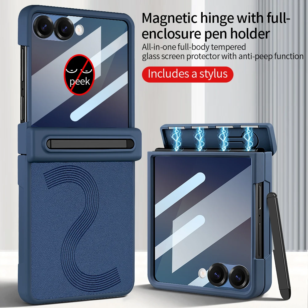 Magnetic Hinge Protection Full Cover PU Leather Case with Stylus And Anti-peeping Glass Film For Galaxy Z Flip 8 Flip 7 Flip 6