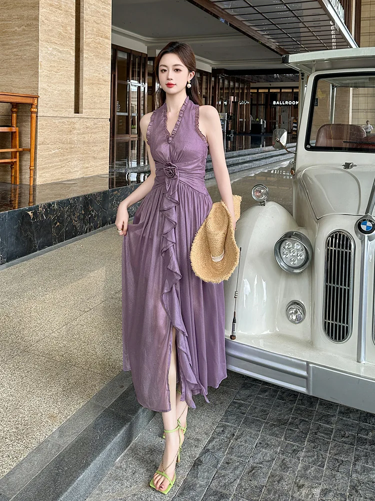 A-Leibniz - Beach Vacation, Travel Long Skirt, Summer, New Style, Sweet, Temperament, Waist-cinching, Ruffled Dress