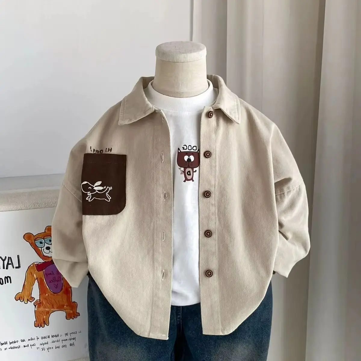 Kids Boys Thin Cotton Cartoon Shirt Spring Autumn 2026 New Casual Versatile Button-Up Jacket Children Clothing
