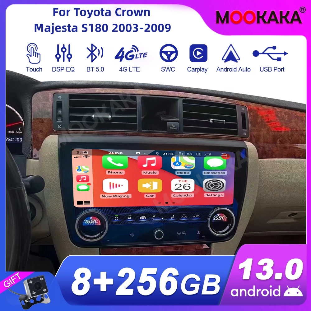 

Для Toyota Crown Majesta S180 2003-2009 Автомобильный радиоприемник Мультимедийный плеер Беспроводной Carplay Android Авторадио Стерео GPS Navi Head