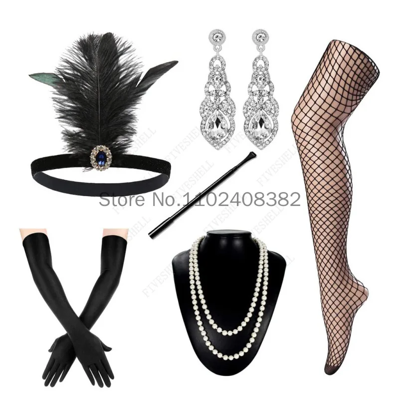 Women Vintage Gatsby Feather Headband Flapper 1920s Costume Accessories Set Cigarette Holder Pearl Necklace Earring Gloves Set