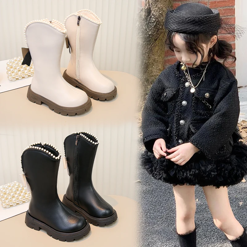 

New Simple and High Quality Winter Long Boots for Kids Girl Fashion Beaded Pipe Boots Princess Elegant Thick Bottom Boot