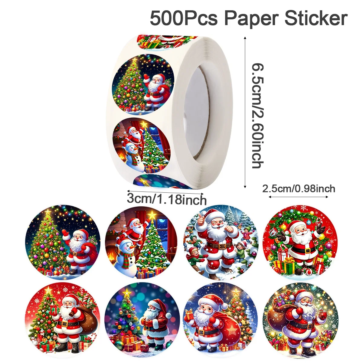 500pcs/Roll Christmas Round Stickers Mixed Funny Santa Xmas Tree Design Self-Adhesive Stickers for DIY Christmas Decorations
