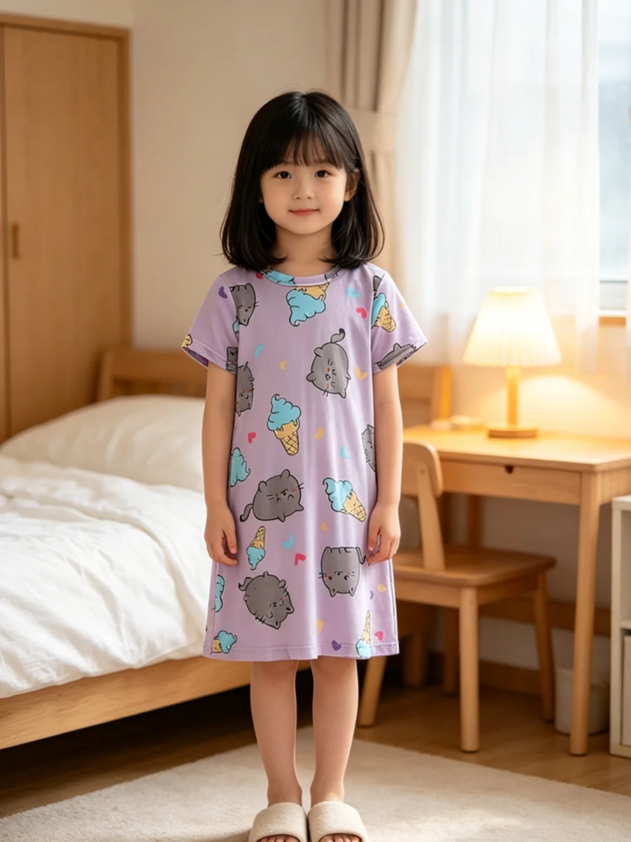 Summer 4~12y Girls Floral Dresses Micro Stretchy Nightgowns Knee Length Dresses Kids Party Party Dresses Children A-line Dresses