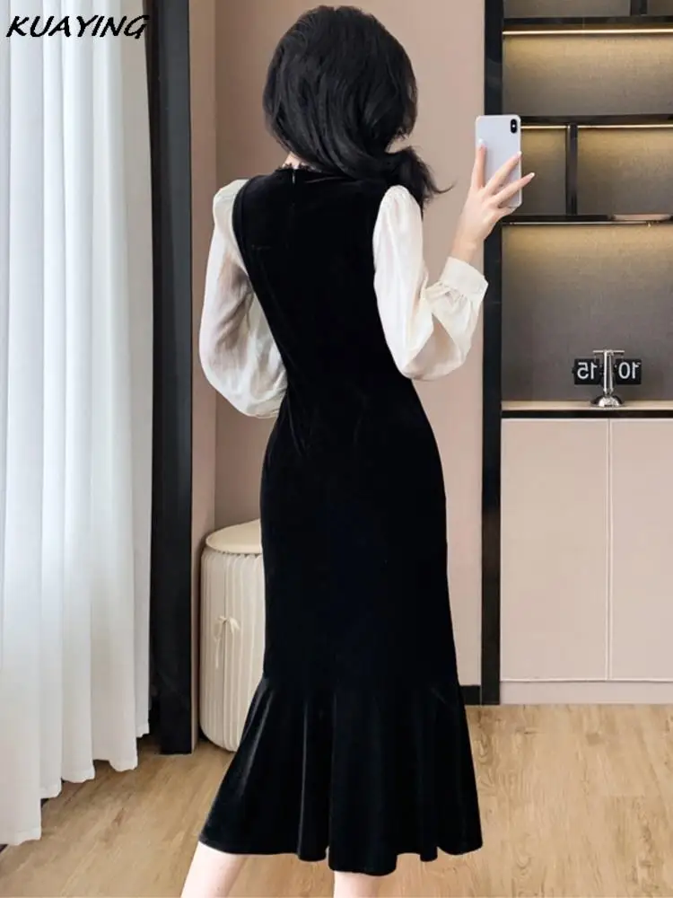 Autumn Fashion Velvet Patchwork Mermaid Dresses Women Elegant V-Neck Long Sleeve Evening Party Midi Dress Female Chic Outfits