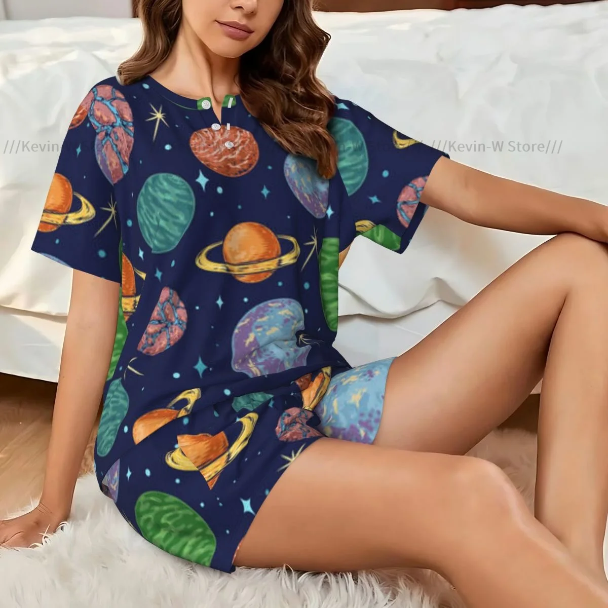 

Women Pajamas Homewear Set Space Planet Colorful Pattern Short-Sleeved Two-Piece Set Girl Nightwear Loungewear Sleepwear
