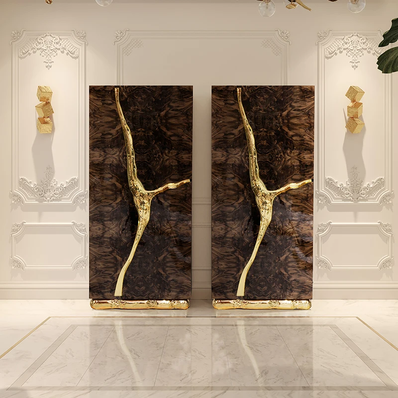 Walnut Veneer Side Cabinet Gold Inlay Decor Storage Furniture For Home Living Space