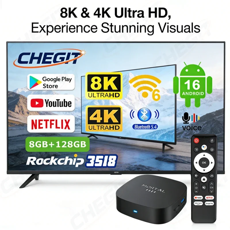 2026 New Android16 Smart TV Box Wifi6 4Core Support 8K Video Google Voice Assistant 8GB+128GB for Netflix YouTube Media Player
