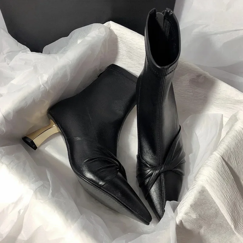 Bota de couro feminina, sapato de gladiador, preto, feminino, vestido de festa de casamento, luxo, novo, inverno, 2022, 34