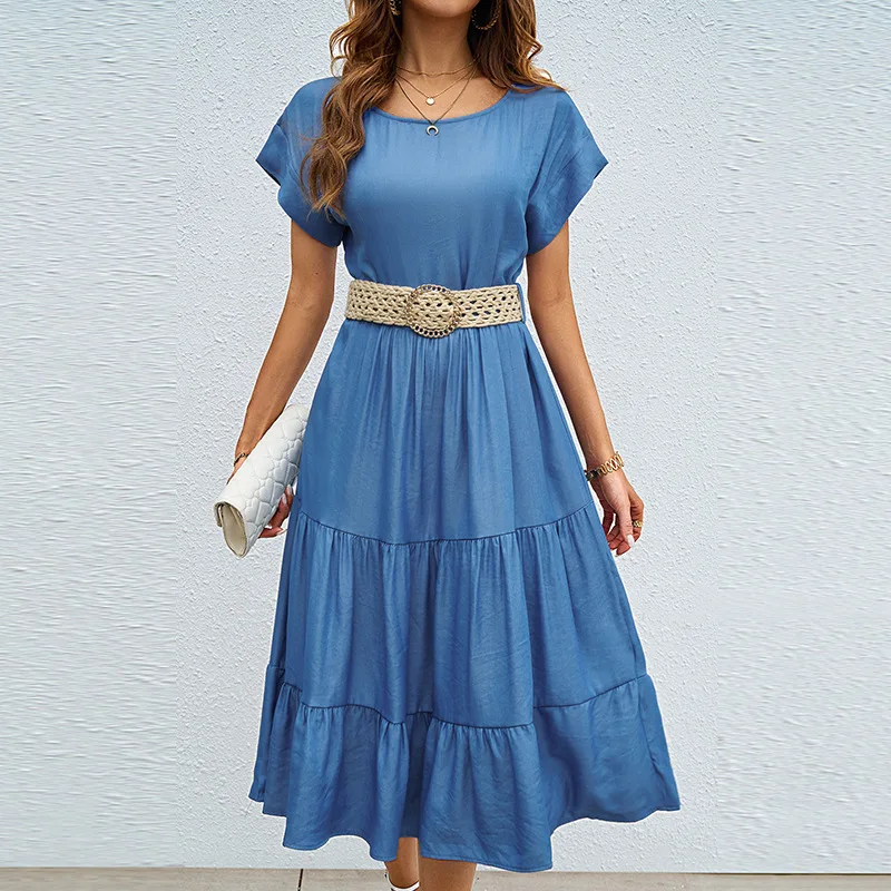 

European and American Summer Fashion Casual Solid Color Simple Round Neck Short Sleeve Mid-length Dress Women's Without Belt