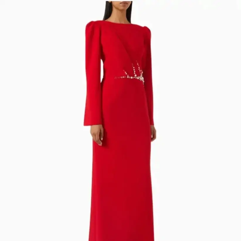 Elegant Red Women's Evening Dress For Wedding Sheath Long Sleeves Beading Prom Dress Floor Length Slit Formal Party Gown