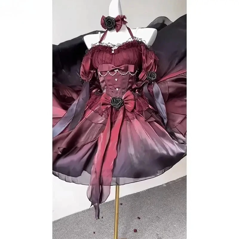 Lolita One-word Collar Neck Bow Fluffy Princess Party Dresses Black and Red Gradual Change Sweet High Waist Wedding Dress