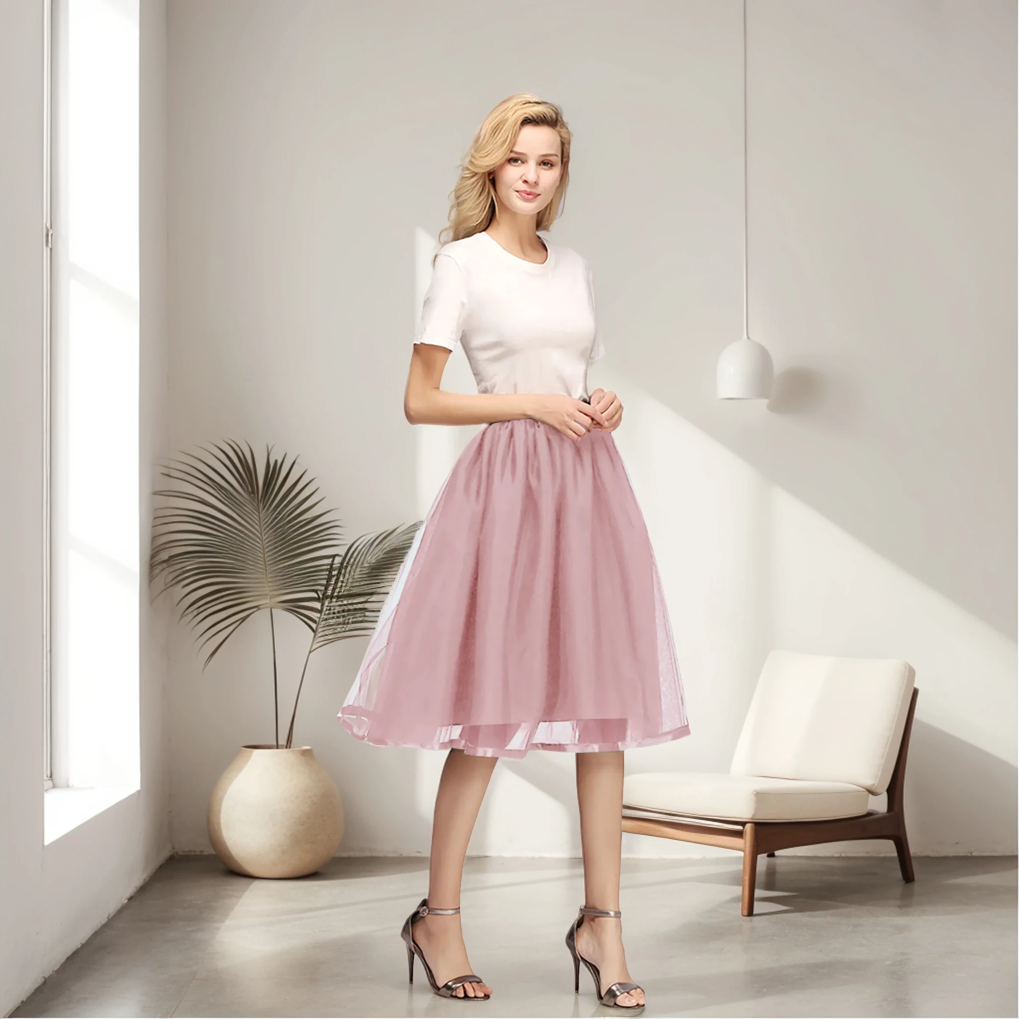 Women's Summer Tulle Half Skirts Fluffy Organza Elastic Waist Tutu Skirts With Ribbon Edge Hoopless Rockabilly Party Underskirt