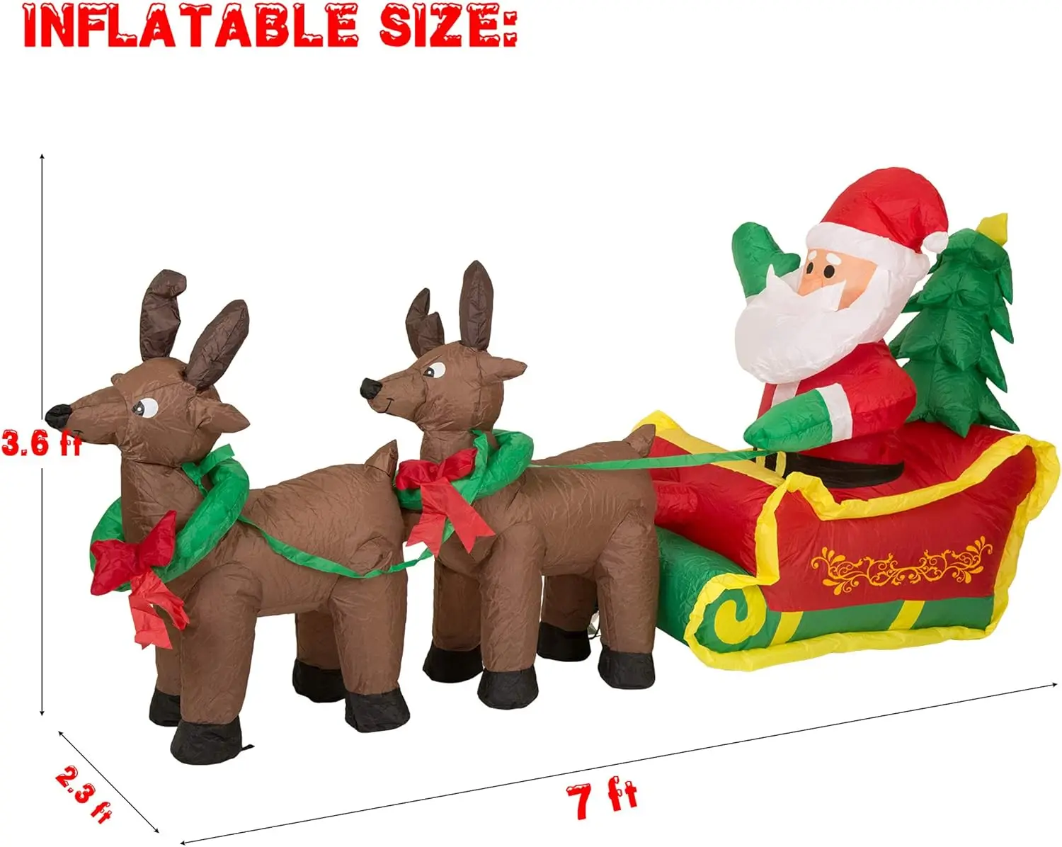 Christmas Inflatable Decoration 7 Feet Santa on Reindeer Sled Built-in Lights Outdoor & Indoor Holiday Blow Up Decor