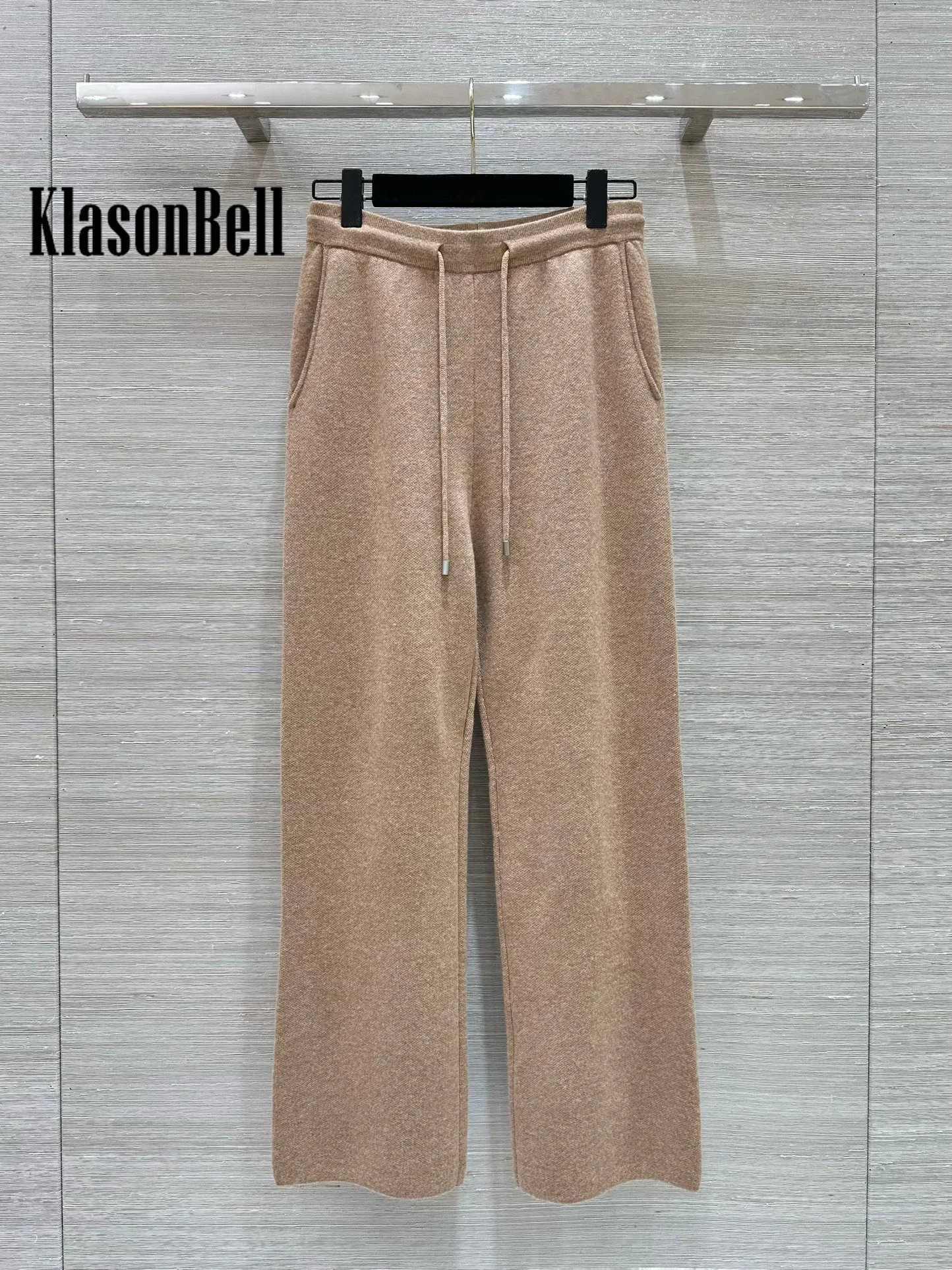 8.22 KlasonBell Women Temperament Cashmere Knit 2 Piece Set Three Pocket Single Breasted Cardigan + Lace-up Straight Pants