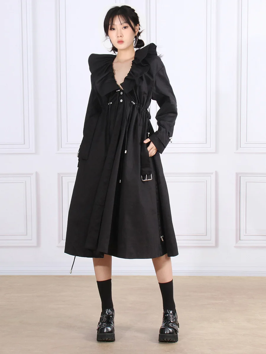 Robe Trench longue plissée à volants, ceinture, col en V, coupe-vent décontracté avec cordon de serrage, vêtements d'extérieur pour femmes, automne 2025