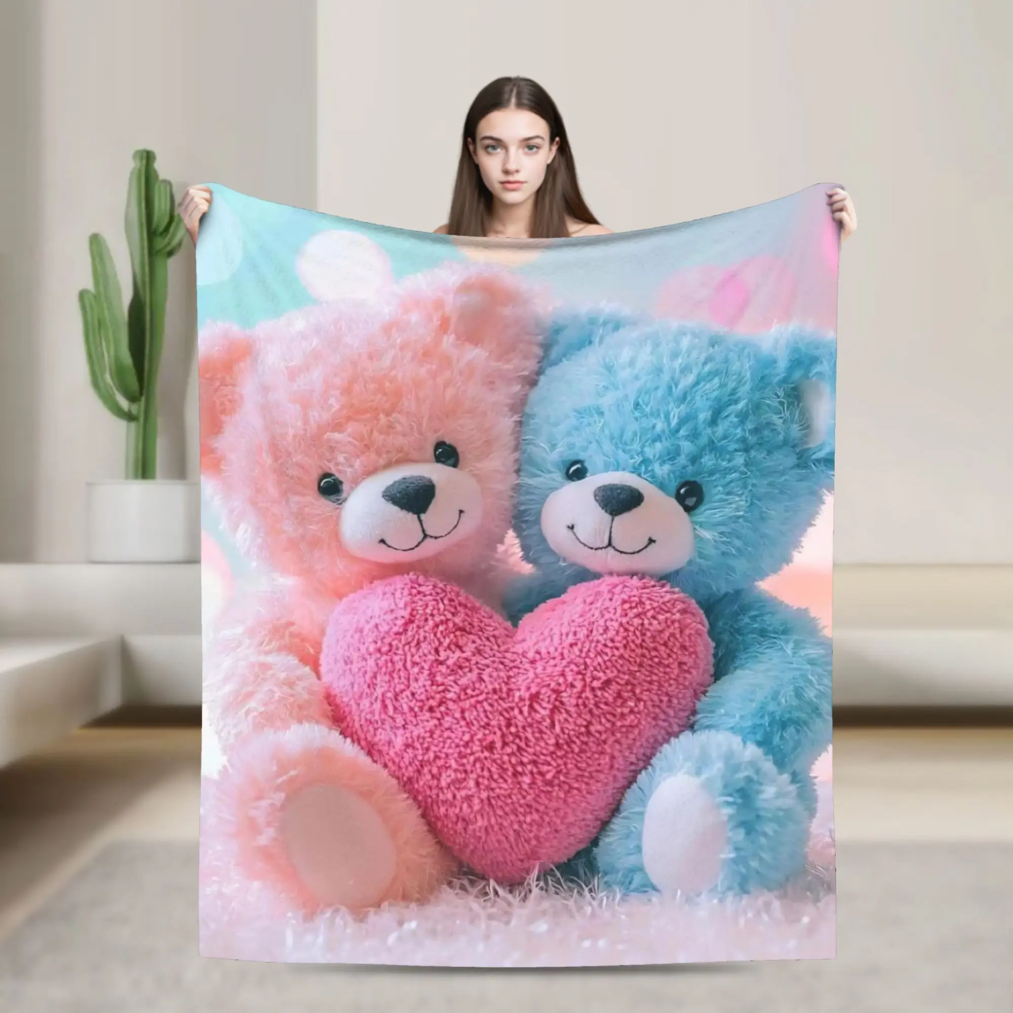 3D Teddys Bear Sweet Cartoon Lovely Coral Fleece Plush Throw Blankets Love Blanket for Bedding Office Lightweight Thin Bed Rug