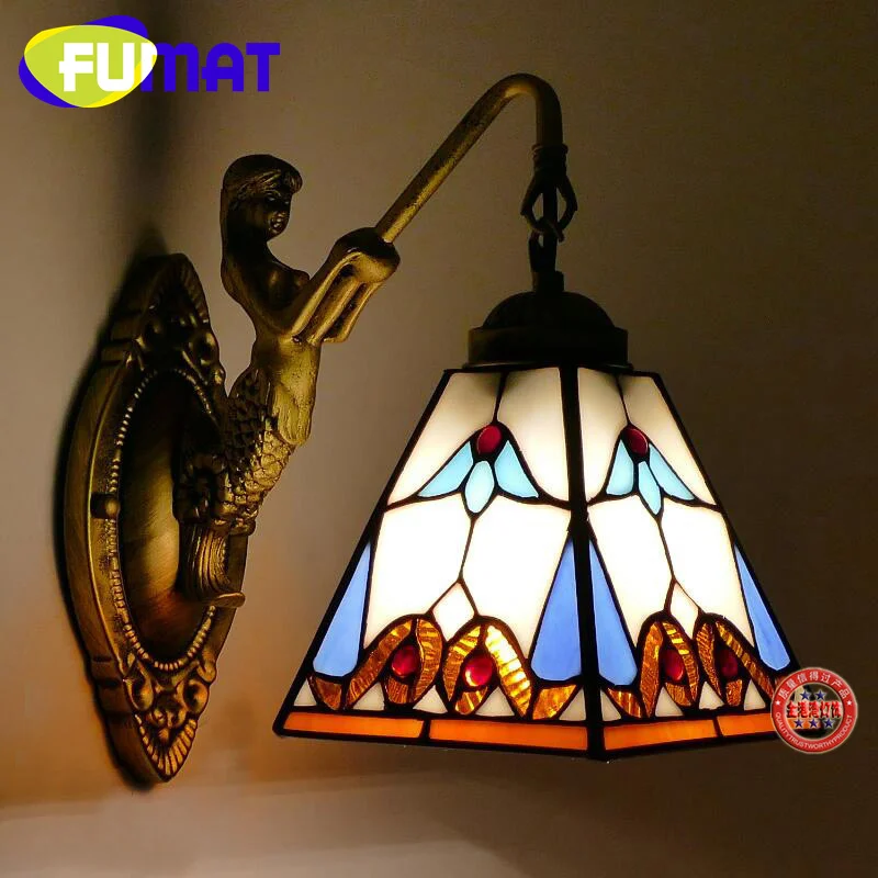 

FUMAT Tiffany style stained glass Mermaid retro wall lamp for living room hallway bedroom bedside lamp LED decor