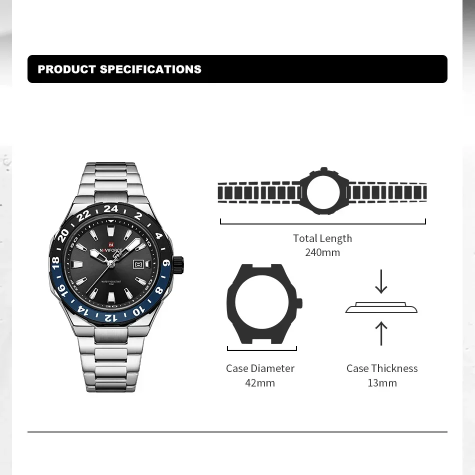 NAVIFORCE 高級スポーツクォーツ時計発光カレンダー腕時計男性用ステンレス鋼防水腕時計レロジオ Masculino