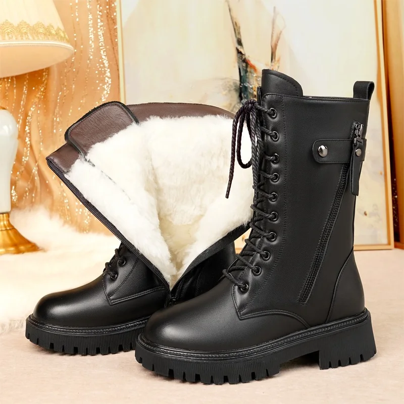 DRKANOL 2024 Genuine Leather Mid Calf Boots Women Warm Wool Boots Street Style Thick Heel Platform Shearling Motorcycle Boots