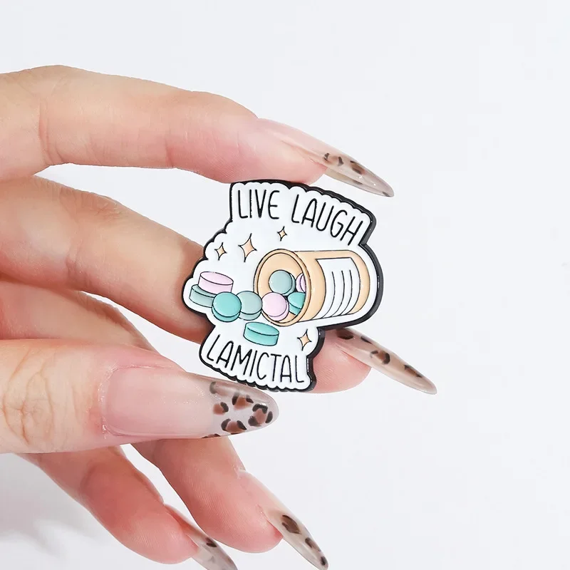 Cartoon Pill Medical Medicine Bottle Enamel Brooch Live Laugh Lamictal Metal Pins Psychological Health Badge Clothing Accessory