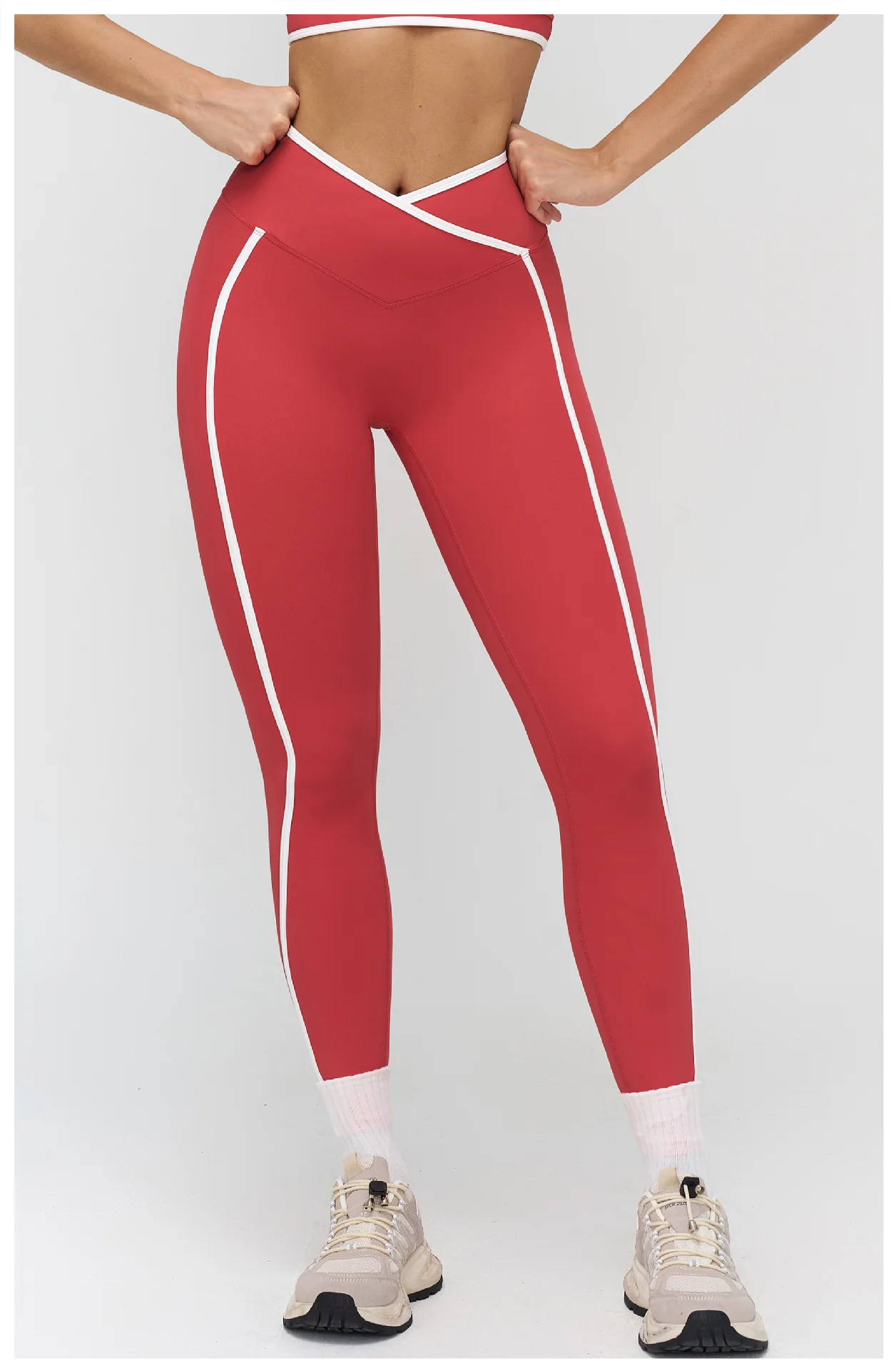 Women's Cross-Waisted Pants Contrasting Colors Nude Tight-Fitting Fitness Outdoor Running Sports Clothing