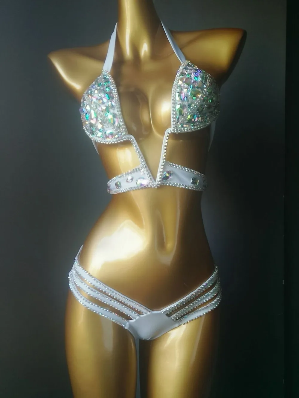 

Diamond Swimwear Bling Stones Beachwear Bra Outfit Vacation Sexy Women Rhinestones Bikini Set Nightclub DJ Pole Dance Costume