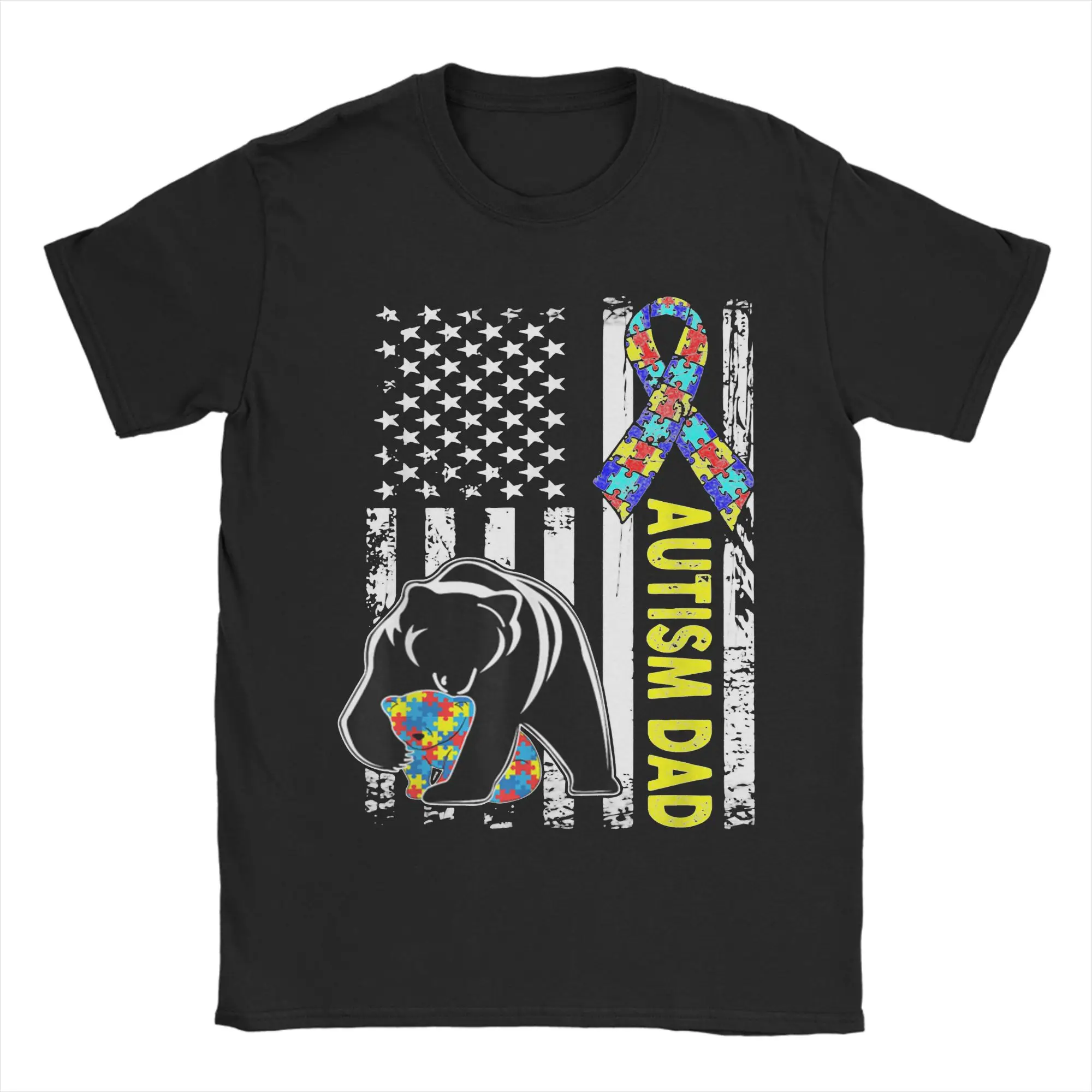 Dad Autism Awareness American Flag Daddy Gift T-Shirt Men 100%Cotton Tops Funny Autismo Autistic Round Neck Short Sleeve