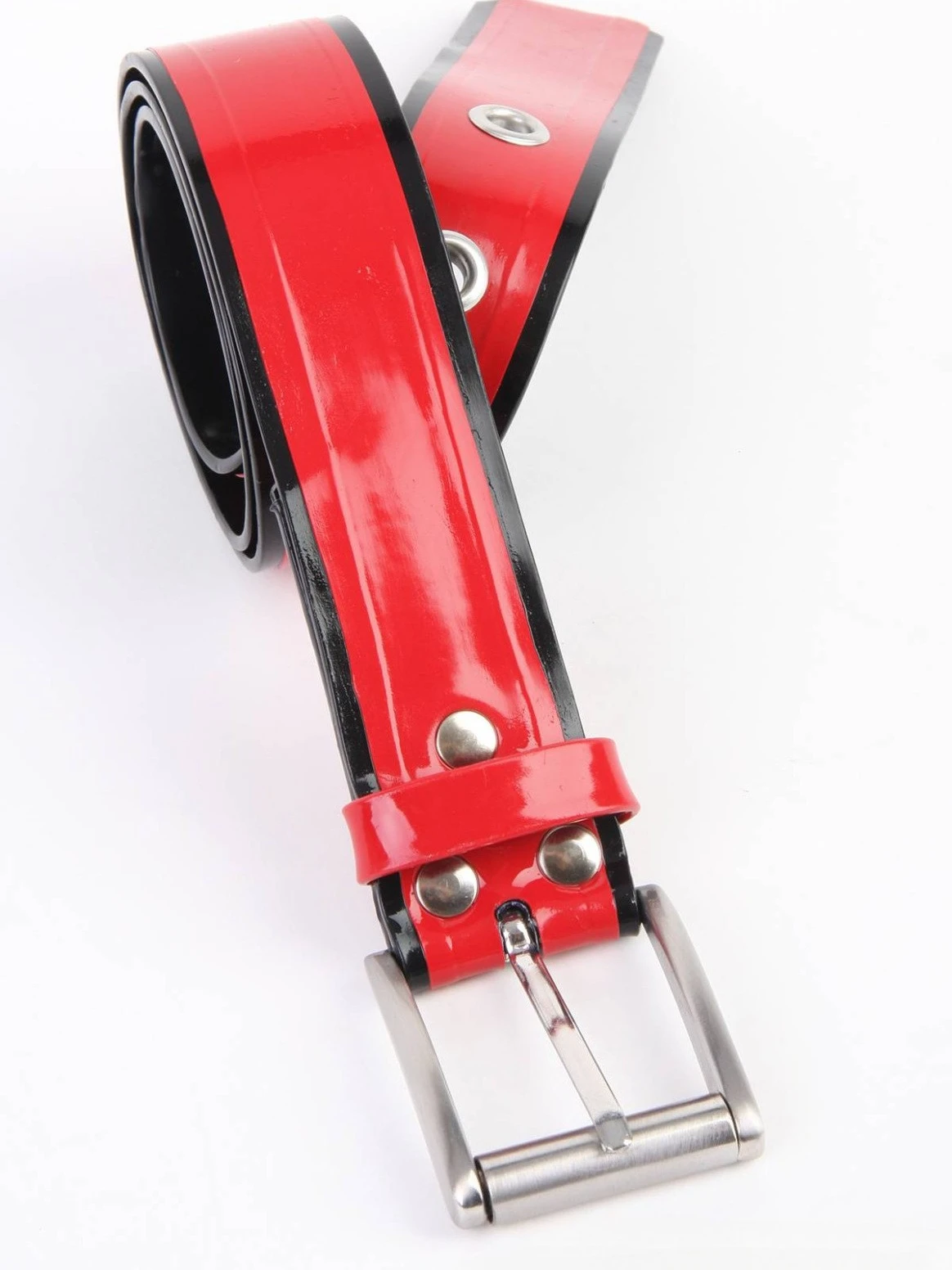 

rubber red black latex belt with metal buckle adjustable waist strap fashion accessory style party clubwear customized