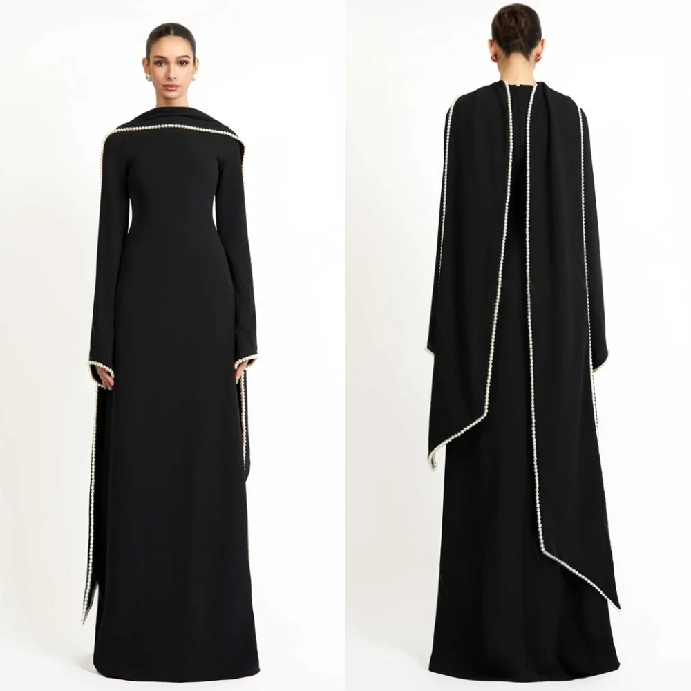 

Простое вечернее платье из черного джерси по индивидуальному заказу, современное платье с круглым вырезом и длинными рукавами, молния сзади, жемчужная лента, платья для особых случаев