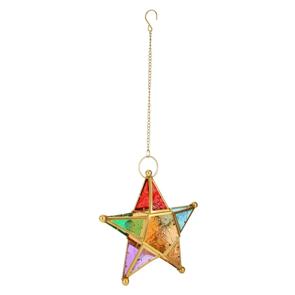 2PCS Iron Moroccan Star Lantern Colored Glass Star Wrought Iron Candle Holder Hanging Hanging Lantern Ornament Patio Decoration