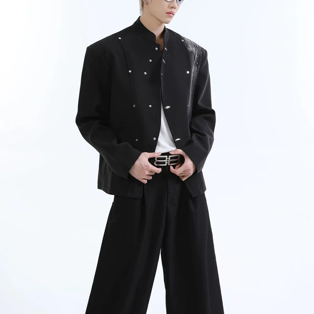 Mens Metal Irregular Mandarin Collar City Boy Casual Suit Jacket Streetwear Fashion Stage Avant Garde Deconstruction Outerwear